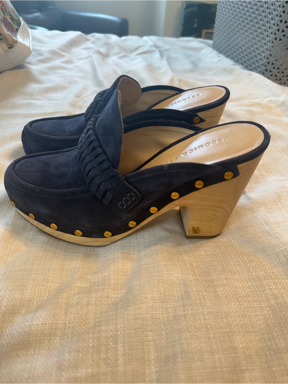 Veronica Beard Navy Suede Braided Clog Mules with Gold Studs